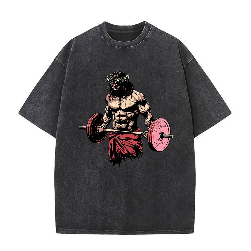 Christian Religious Jesus Gym Workout Bodybuilding Vintage Washed T-shirt Men Women Geek Fitness Oversized T Shirts Streetwear