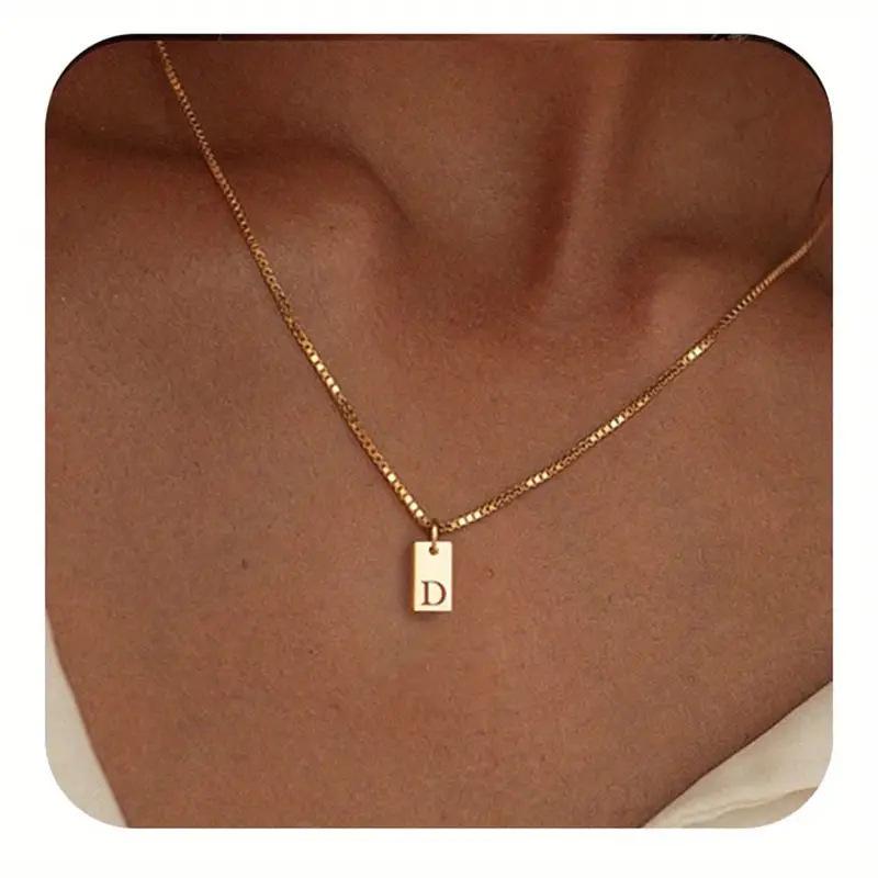 Exclusive 18K Gold Vacuum-Plated Stainless Steel Engraved Square Pendant Necklace with Alphabet Letters