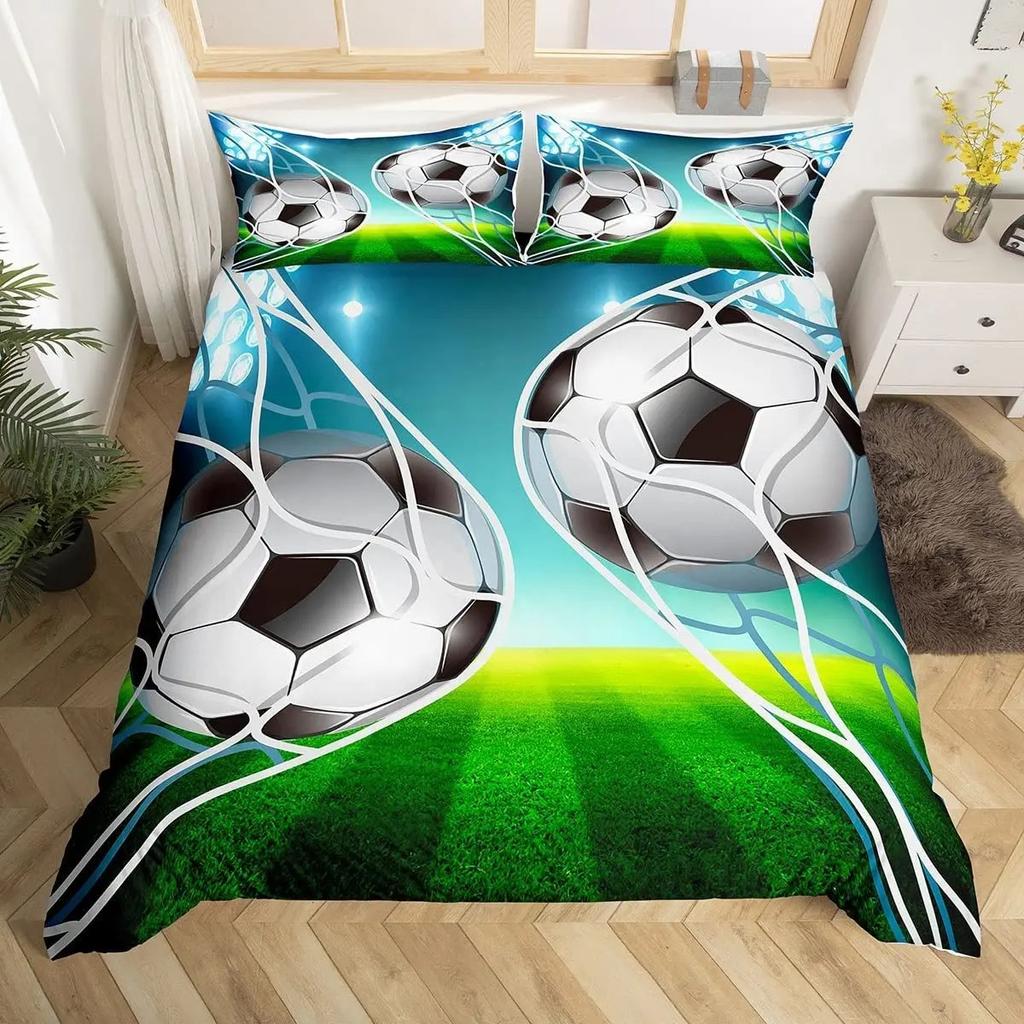Fußball Bettbezug Set King Queen Full Size Fußballmuster Polyester Bettdeckenbezug für Kinder Jugendliche Fußballliebhaber Bettwäscheset