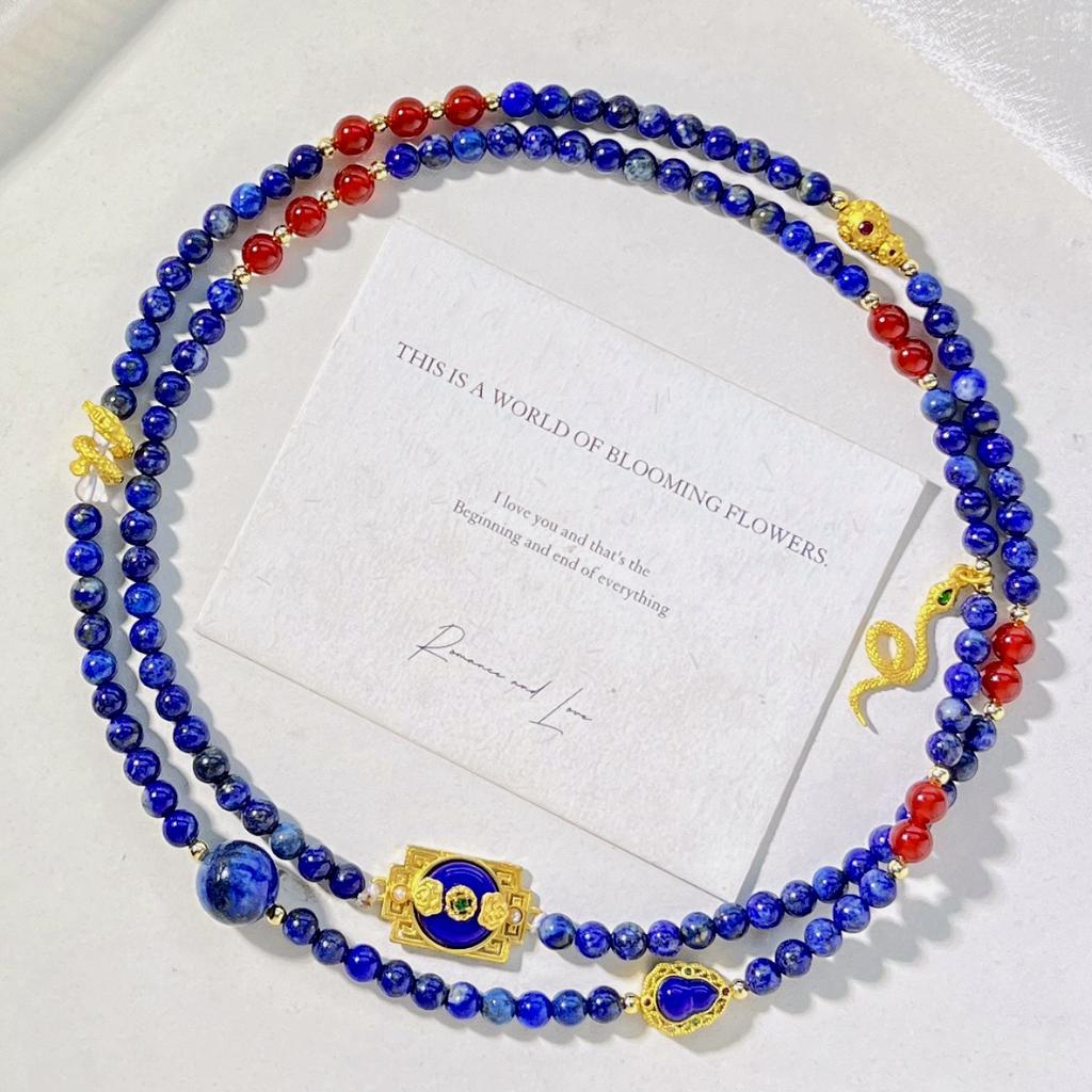 Natural Lapis Lazuli Chalcedony Design Necklace Collarbone Chain Sweater Chain