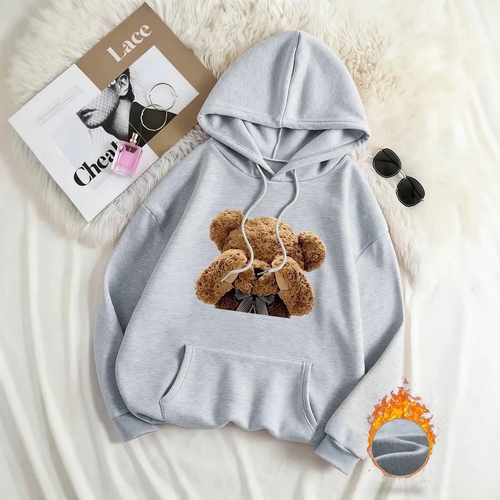 Women's eye-covering teddy bear print hooded sweater autumn and winter velvet loose oversize women's hoodie