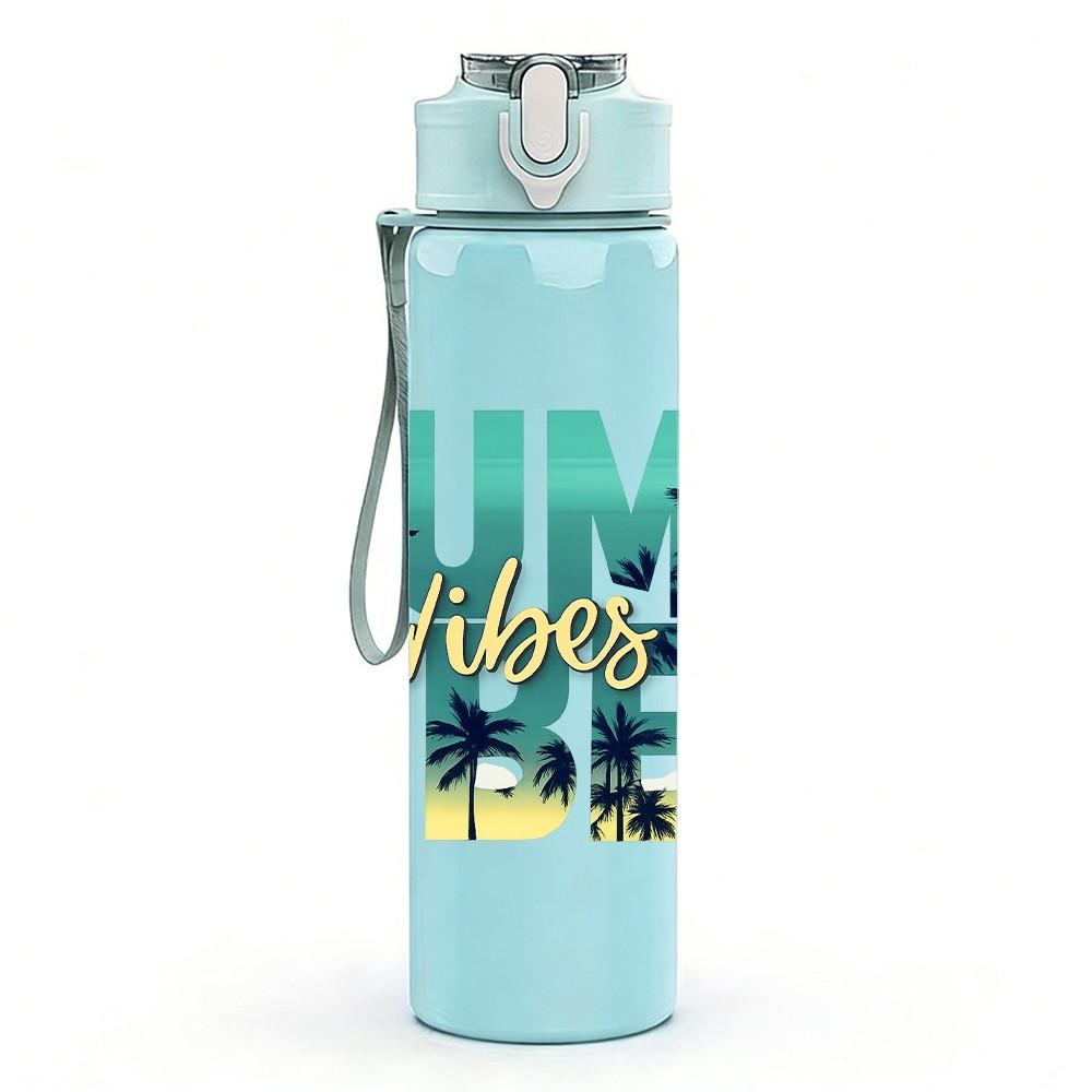 1PC Summer Vibes Gradient Letter 750ml Color Plastic Sports Water Bottle Leakproof Flip Straw Lid Suitable for Sports Office Home Use