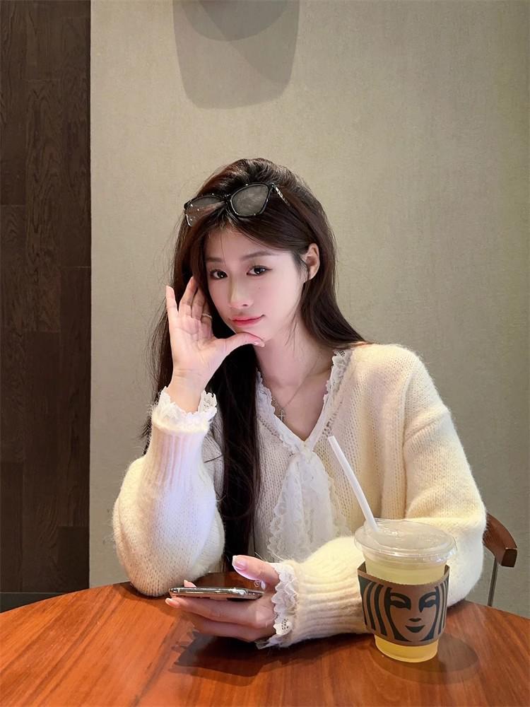 Korean Lace Bow V-Neck Long Sleeve Sweater - Autumn/Winter Design