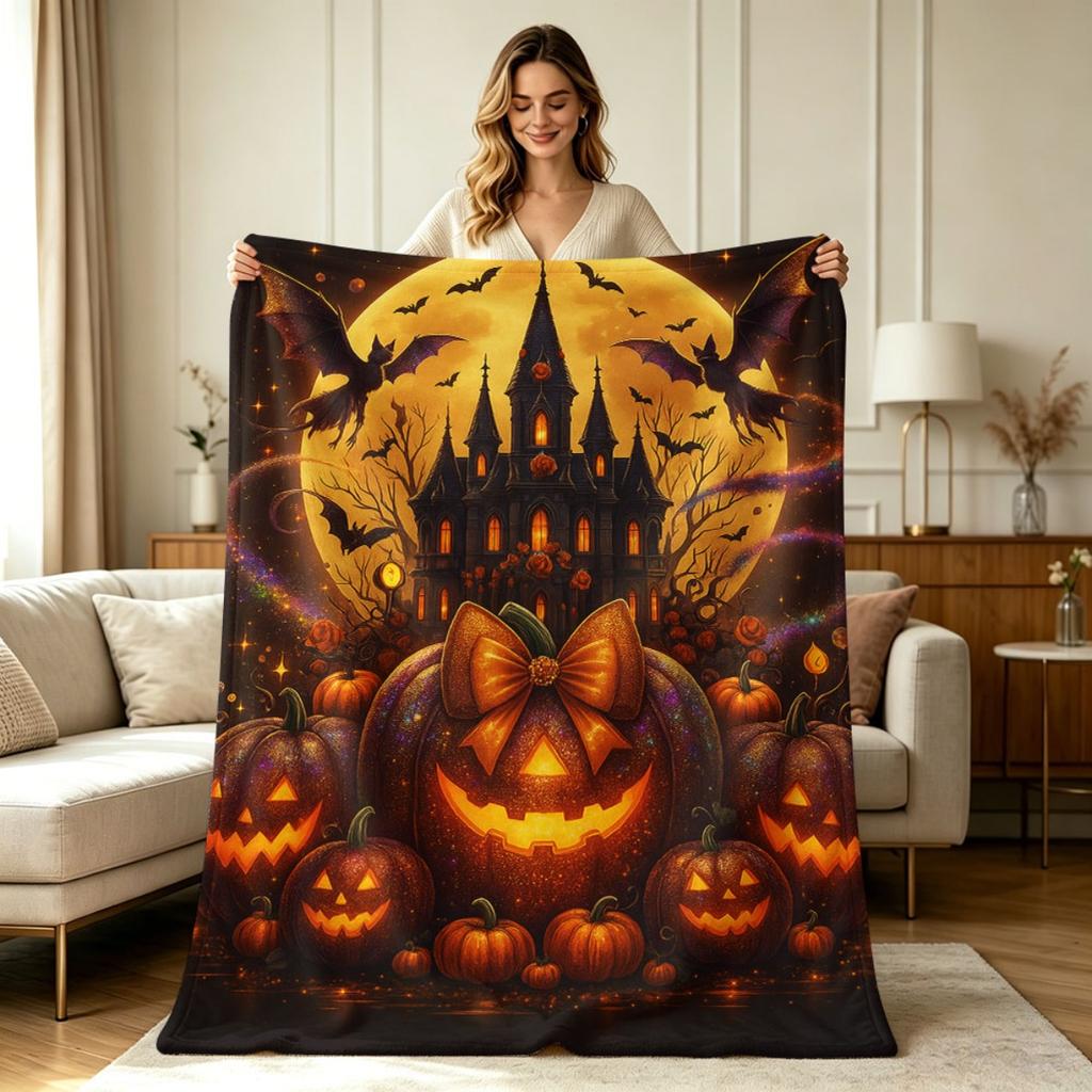 Cozy Flannel Halloween Throw Blanket Spooky Haunted Castle Jack O Lantern Bat Full Moon Print All Season Warm Soft Lightweight Blanket for Sofa Couch