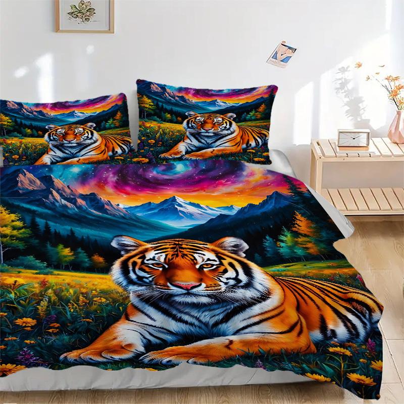 

3pcs Tiger Fantasy Landscape Bedding Set - 1 Duvet Cover + 2 Pillowcases(Core Not Included), Machine Washable Polyester yy251216174 135x200cm