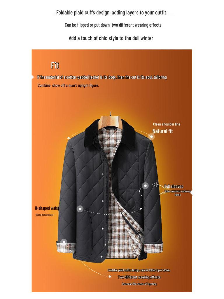 Men's Plus Size Quilted Diamond Pattern Cotton Jacket, Autumn/Winter 2025