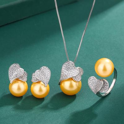 Huamei Jewelry Champagne Gold Pearl Pendant Love Zircon Pearl Necklace S925 Silver Needle Pearl Stud Earrings Ring