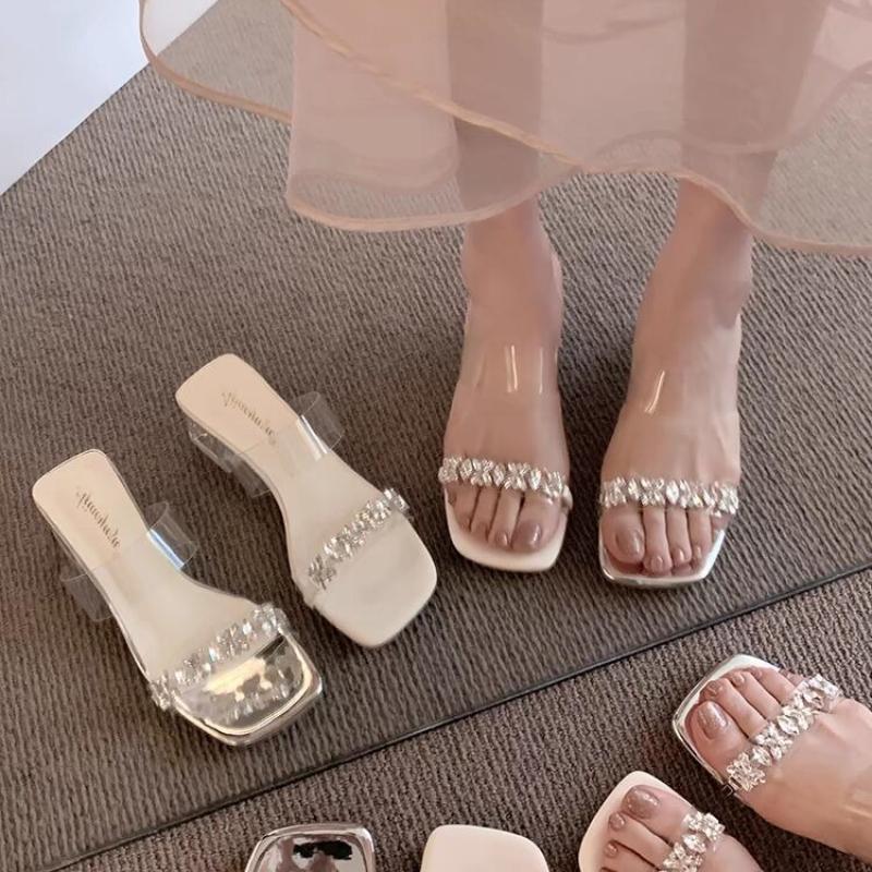 Fashion Shoes for Women Sexy with Heel Sandals Clear Woman Slippers Rhenstone Slides Elegant and Fashionable Easy Wears Summer Footwear