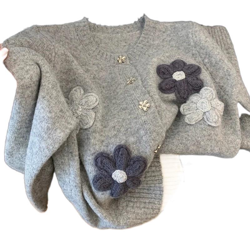 Women's Korean Floral Knit Cardigan - Autumn/Winter 2026 Lazy Style Embroidery Sweater