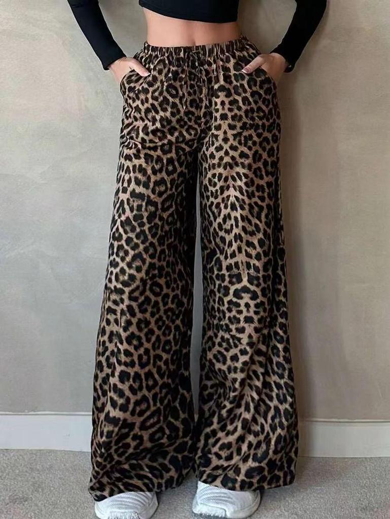 Leopard Print Elastic Waist Casual Loose Straight Pants for Spring and Autumn