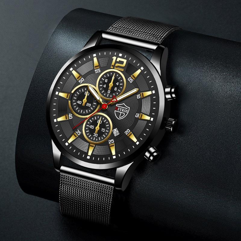 Fashion Business Men's Stainless Steel Mesh Strap Quartz Watch Fake Three Eyes With Date Watch