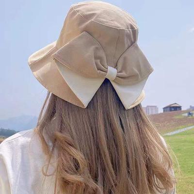 Versatile Bucket Hat Women's Spring and Autumn Pure Cotton Back Split Bow Fashion Casual Sunscreen Sun Hat Korean Version Hat Women