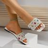 Luxury Colorful Big Rhinestone Decoration Slides Women 2025 Summer Square Toe Low Heel Slippers Pearl Chain Beach Sandals Women