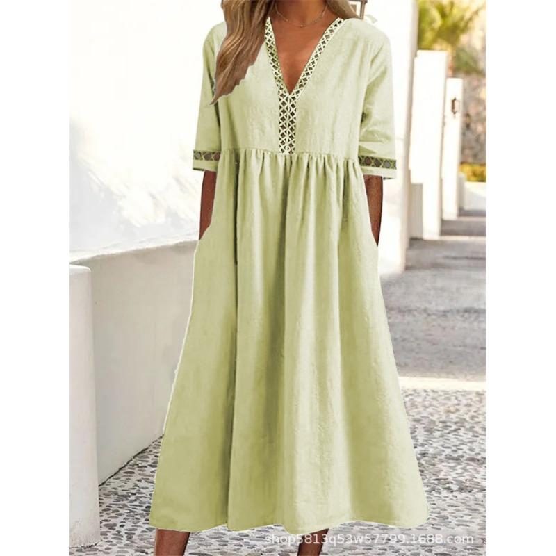 VEZFAA Women's Fashion Summer Spring Solid Color Print Short Sleeve V-Neck Loose Waistline Casual Dresses