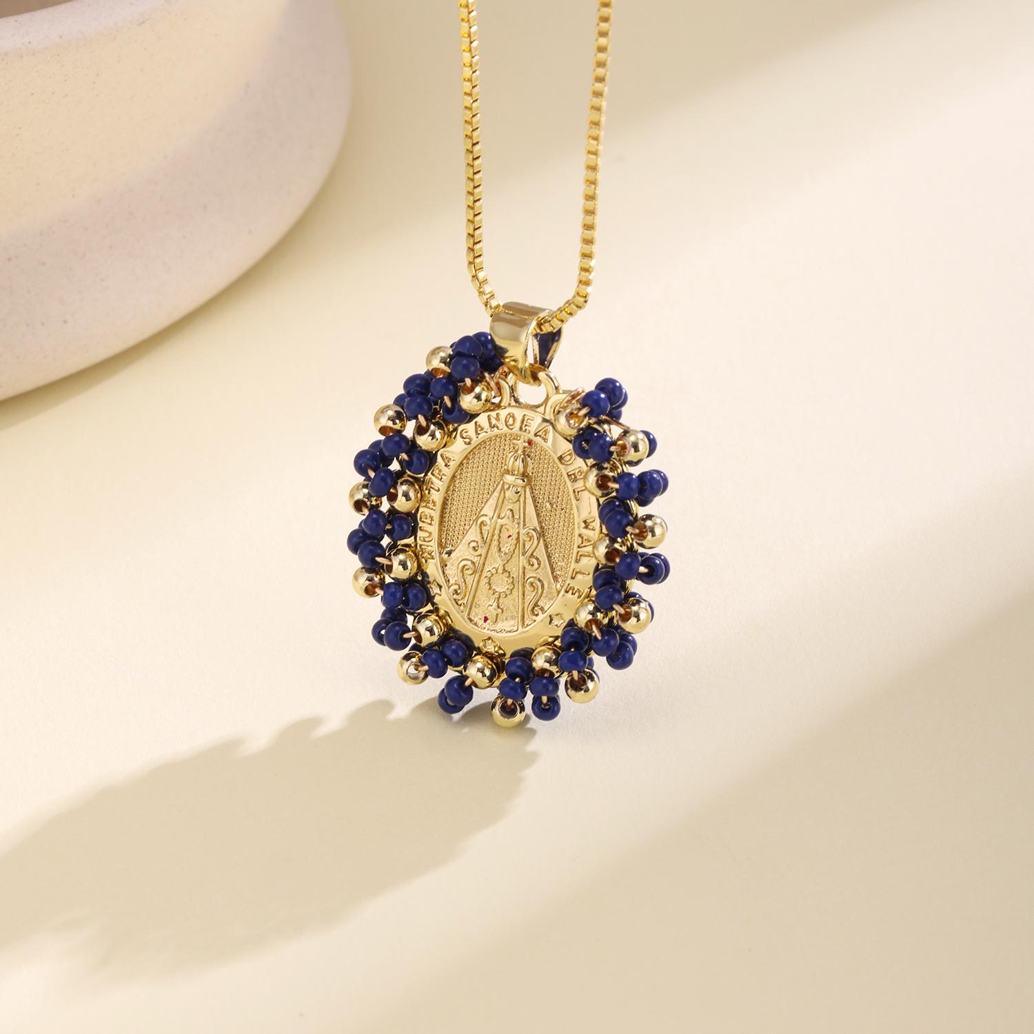 

Nidin New Retro Virgin Mary Medal Necklace Copper Catholic Pendant With 4 Colors Beaded Frame Religious Style Jewelry For Women темно-синий
