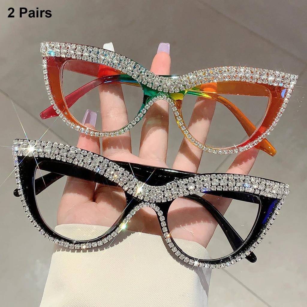 2 Pairs Per Set Cat Eye Glasses with Rhinestones Women Fashion Brand Design Optical Frames Trendy Chic Casual Decor Eyeglasses