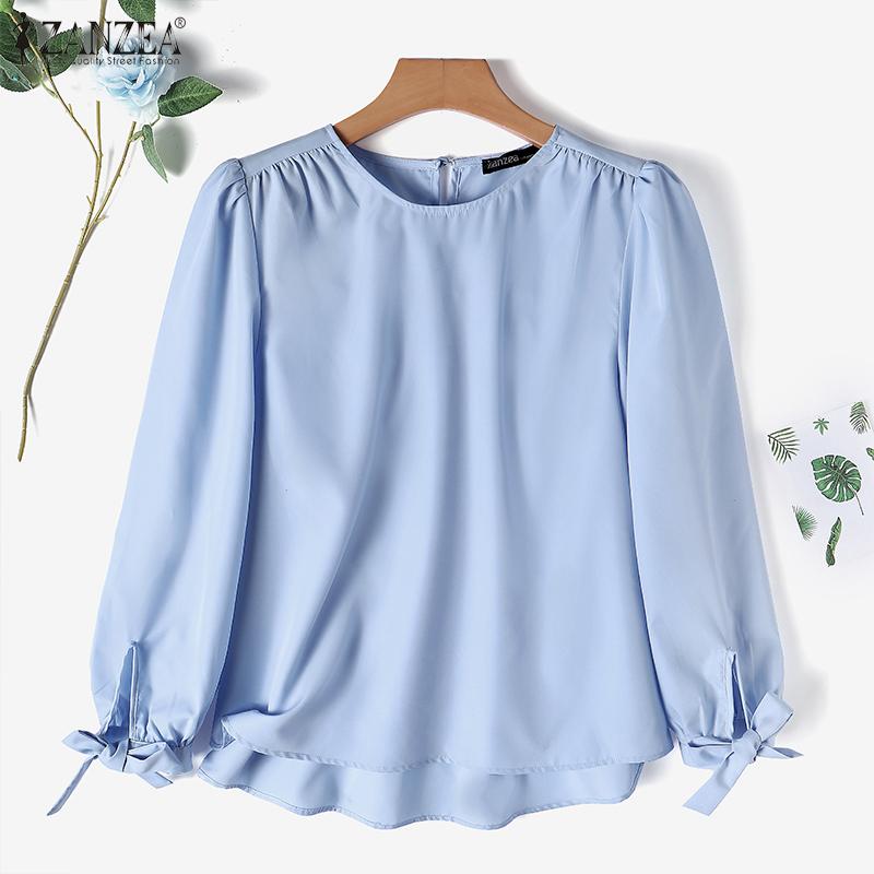 

ZANZEA Женская повседневная свободная блузка с круглым вырезом и длинными рукавами на шнуровке
