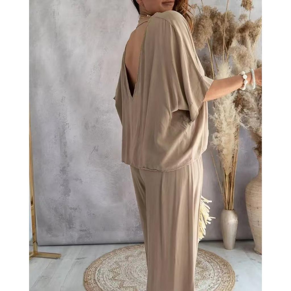 2-delat set för kvinnor, avslappnat enfärgat långbyxset med V-ringning, fladdermusärmar, lös topp och vida byxor, bekvämt och mjukt tyg