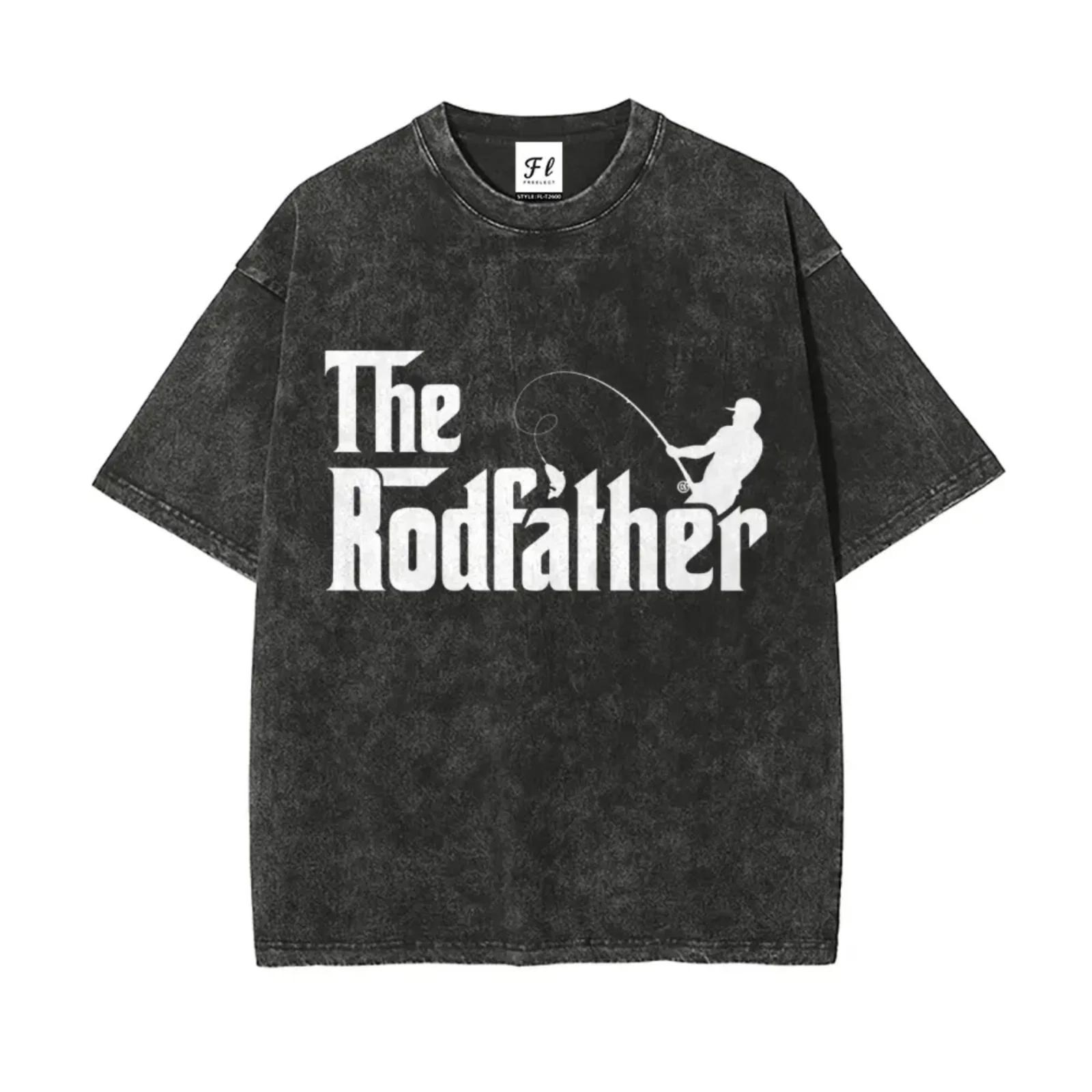 230g Heavyweight Vintage Washed The Rodfather Funny Fishing Graphic T-Shirt 100% 4XL