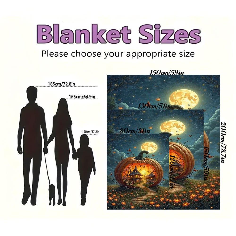 "Halloween Pumpkin House with Full Moon"Blanket Flannel Throw Blanket for Sofa, Bed, Travel, Camping, Office