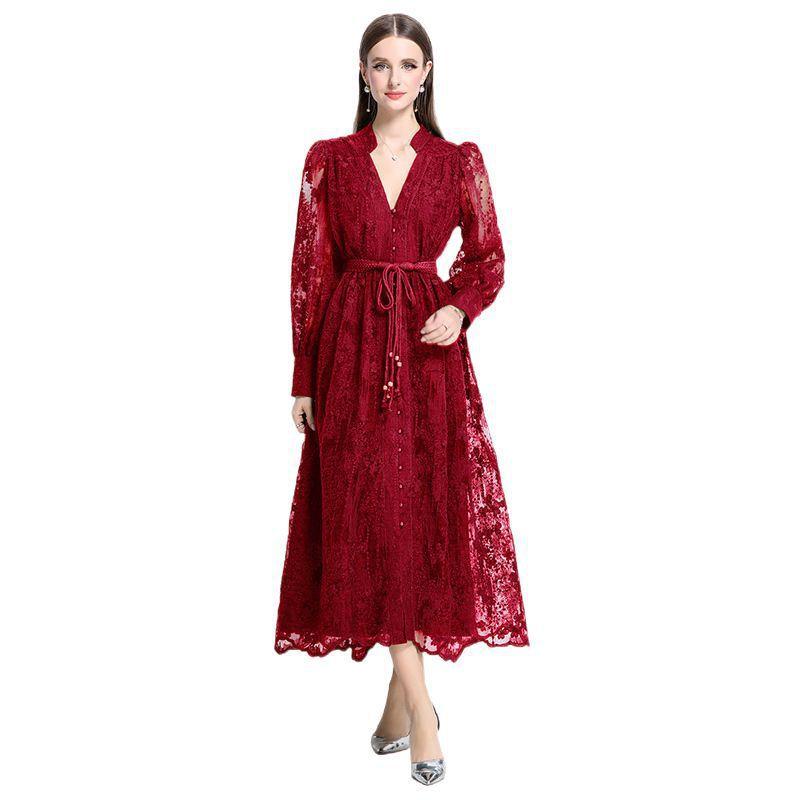 Französisches Temperament Damenkleid Frühling Taille Schwere Industrie Stickerei V-Ausschnitt Laternenärmel Einreiher Langer Rock