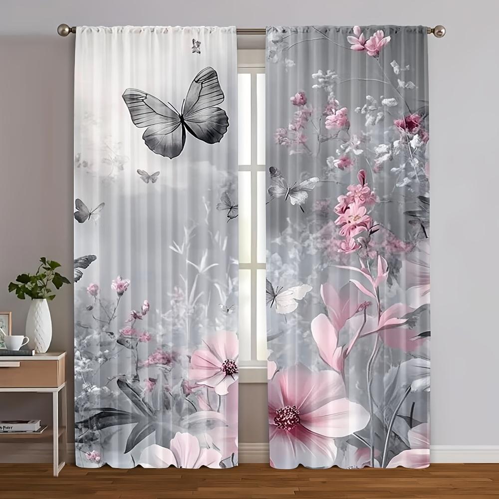 

35X90In*2Pcs, 2Pcs Art Deco Style Blackout Curtains, Grey Sky & Pink Floral Design, Semi-Sheer Polyester, Rod Pocket, Machine Wa 53x116cm 2pc&Without mount