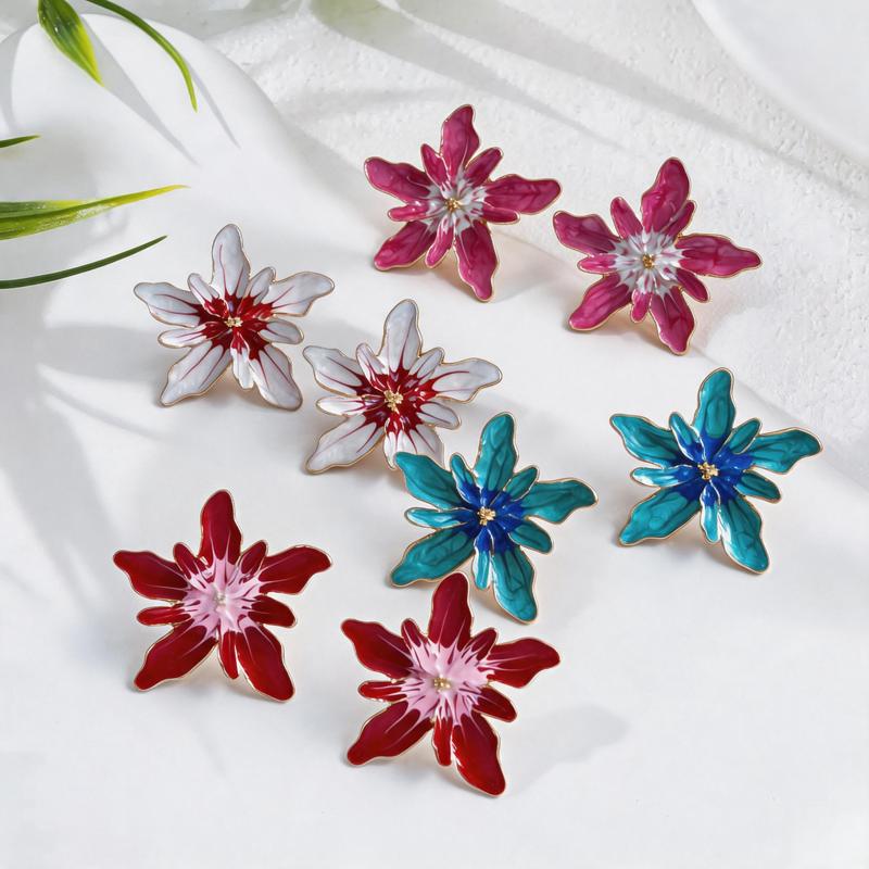 Europe and America Large Drip Oil Flower Stud Earrings for Women Luxury Floral Irregular Personality Earrings Vacation Jewelry