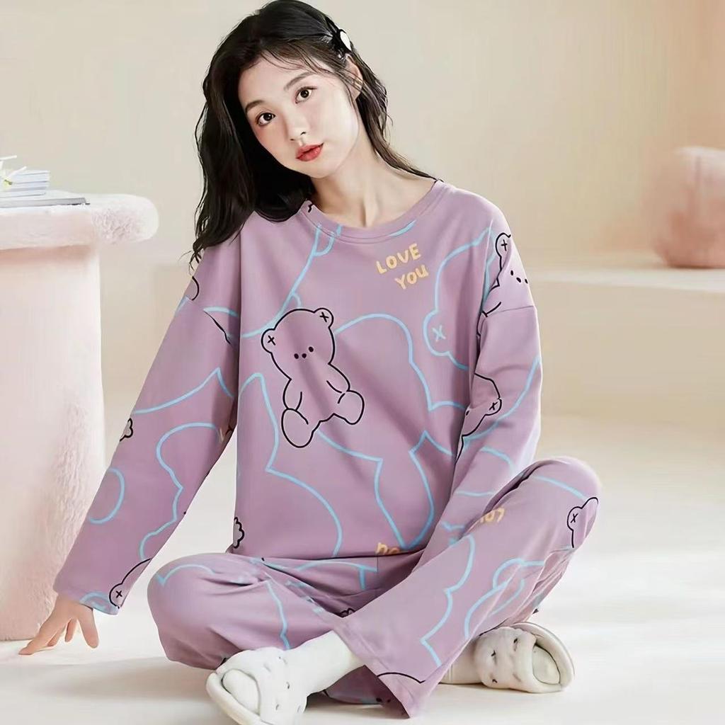 Women's Smile Face Cartoon Pajama Set - Long Sleeve Spring/Autumn Sleepwear