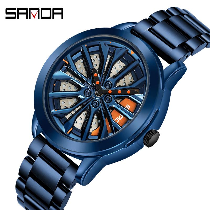 Sanda Men's Creative Wheel Quartz Watch - Trendy Rotating Waterproof Wristwatch