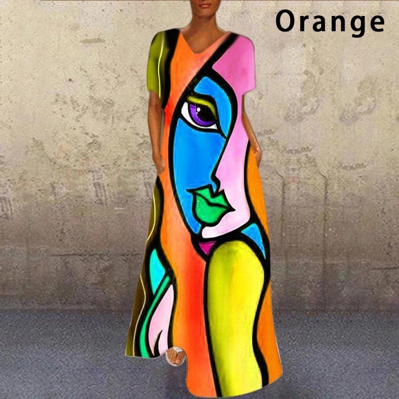 Women Summer V-neck Abstract Printed Short Sleeve Retro Long Dress Ladies Loose Casual Maxi Dresses Plus Size