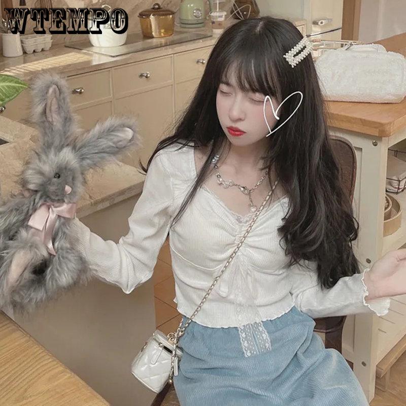White Kawaii Lolita Female Blouse Lace Japanese Sweet Long Slevee Tops Women Knitted Casual Korean Casual Slim Tops