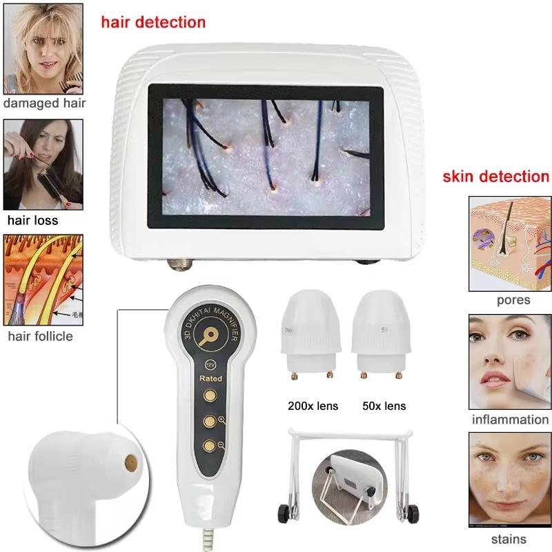 5 Zoll Hautanalysator Haut-Haar-Kopfhaut-Detektor Dermatoskopie-Tester Analysator zur Diagnose Hautpflege-Tools mit 2 wiederaufladbaren Linsen