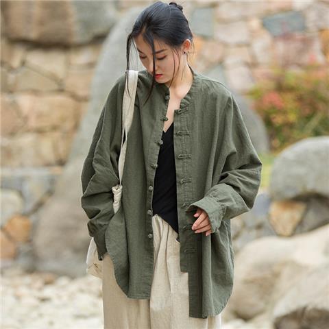 Vintage Shirt Women Chinese Style Frog Solid Simple Leisure Loose Comfortable Single Breasted O-neck Minimalist Autumn Wear