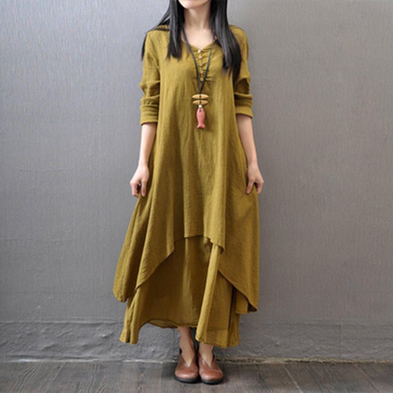 Women's Solid Color Long Sleeves V-neck Elegant Retro Cotton and Linen Long Dress