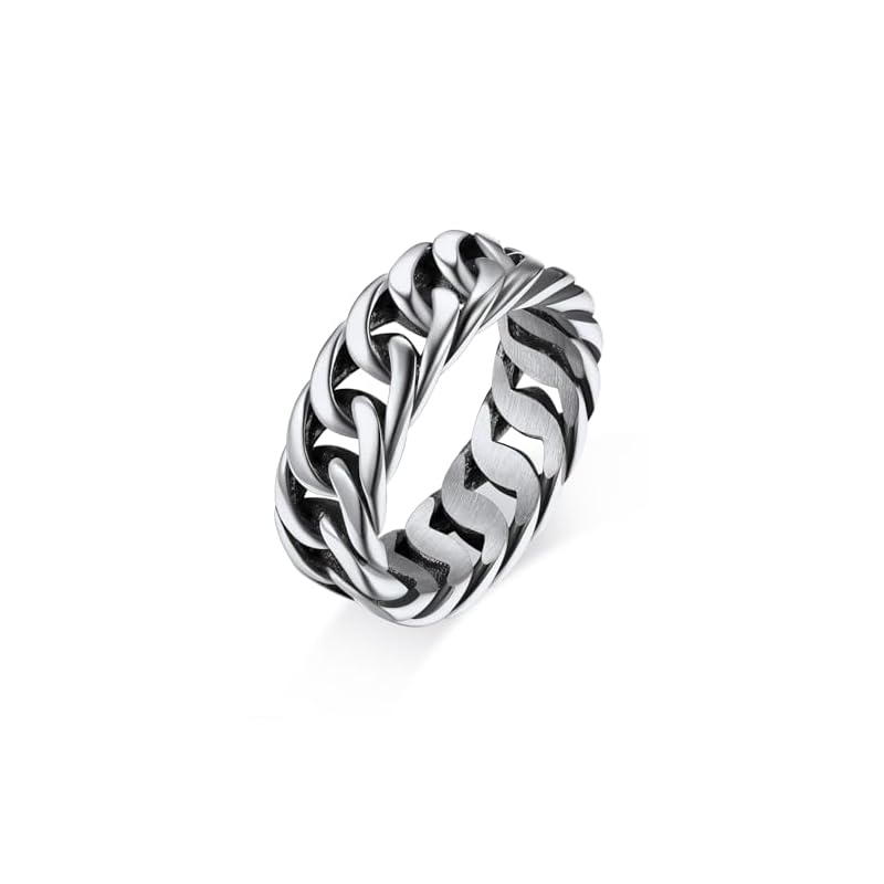 [FindChic] Cuban Link Ring for Men, Surgical Stainless Steel, Hypoallergenic, Thick 7mm Width, Simple Fashion Ring, Unisex, Gift, Accessory, Silver,