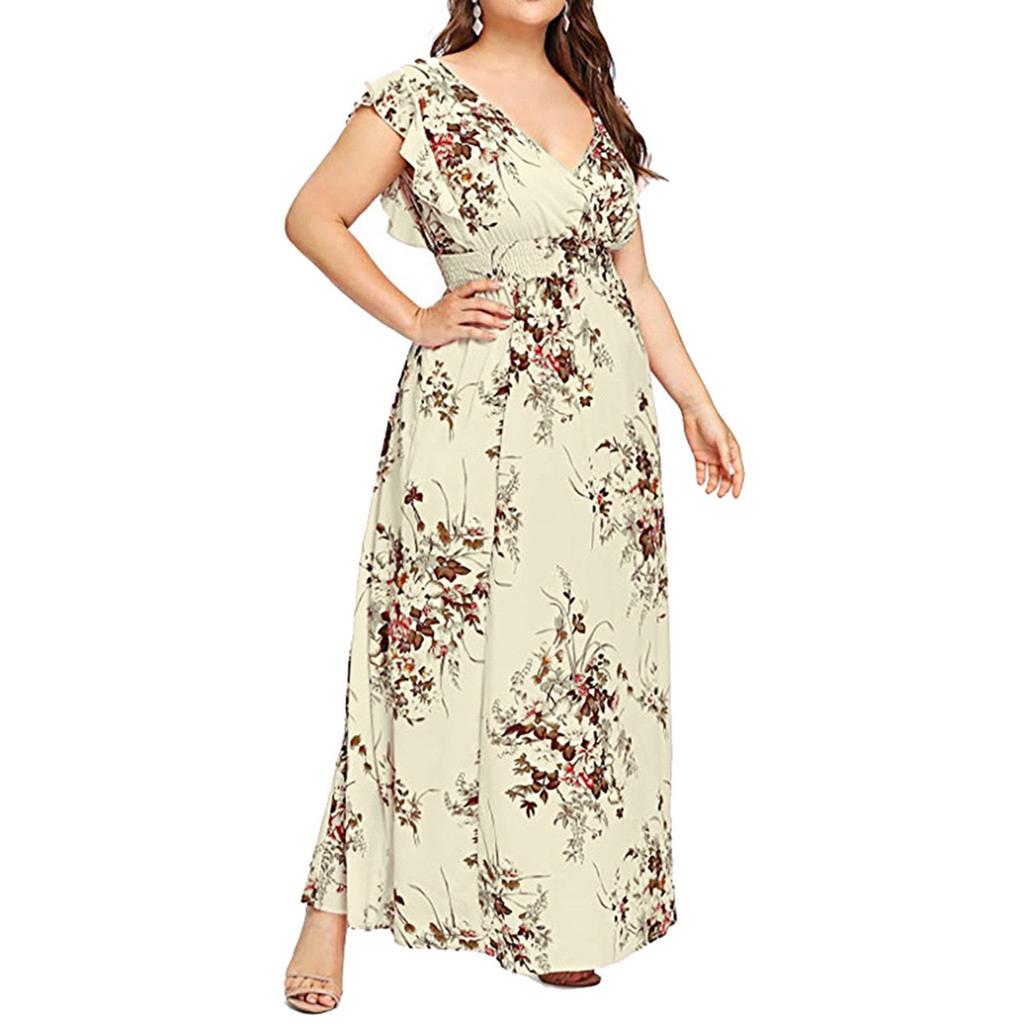 Women's Casual Floral Print V-Neck Ruffle Sleeveless Plus Size Dress Long
