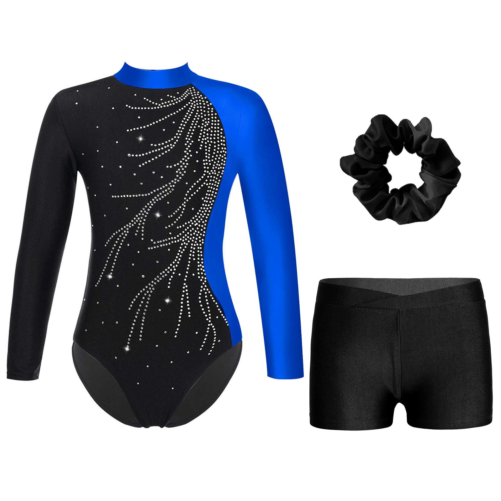 IEFiEL 2 Meisjes Gymnastiek Leotard met Shorts Hoofdband Lange Mouw Glitter Leotard Wedstrijd Danskostuum 11-12 Years