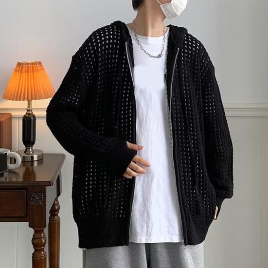 Men Sweater Long Sleeve Zipper Closure Solid Color Hollow-out Design Super Soft Decorative Polyester Men Hooded Sweater Coat Autumn