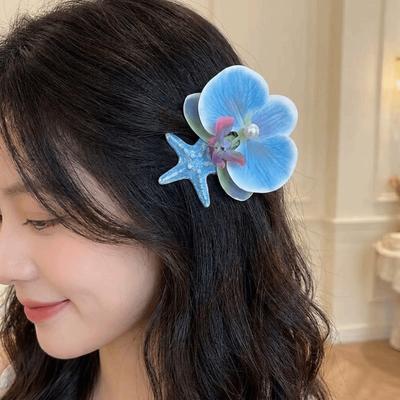 Vintage Orchid Flower Hairpin Sweet Design Resin Starfish Hair Clip Beach Pearl Hair Clip  Party