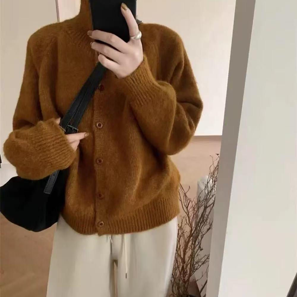 Women's High Neck Loose Knit Cardigan Jacket - Cozy Single-Breasted Outerwear for Autumn/Winter 2026
