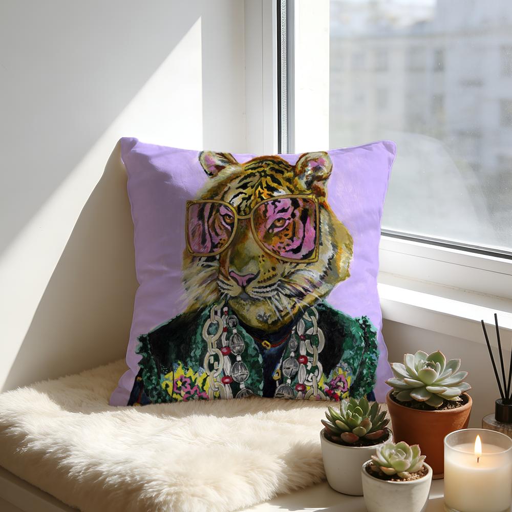 Rich Pink Lion Animal Jewelry Cheetah With Cushion Cover Cozy Velvet Throw PillowSoft Warm Cushion For Sofa Bed