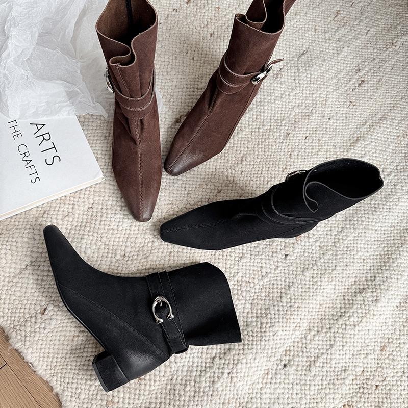 Fashion 2025 New Autumn Women Boots Women Shoes Square Toe Chunky Heel Retro Slip-on Short Boots Belt Buckle Western Modern Boots
