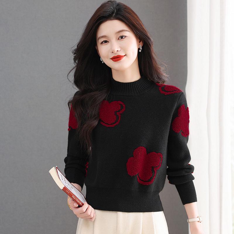 2025 Women's Colorblock Cashmere Wool Sweater: Round Neck, Jacquard Knit, Loose Fit, Versatile and Soft.