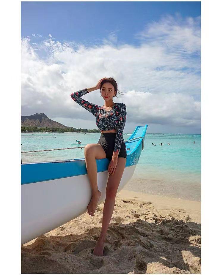 Conservative High-Waisted Long-Sleeve Sun Protection Swimsuit: Quick-Drying, Belly-Covering, Split Design for Diving & Hot Springs