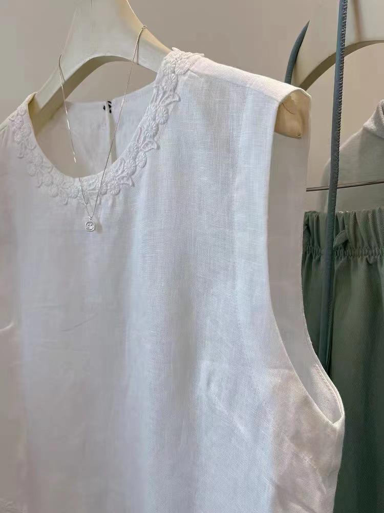 240 Jin Women's Sleeveless Lace Linen Vest – Heavy-duty, High-grade, Loose Round Neck Summer Top
