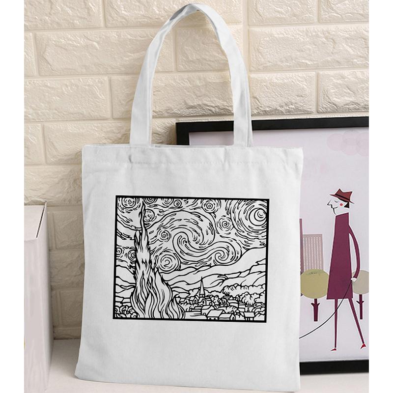 Women Graphic College Harajuku Shopper Bag Van Gogh Sunflower Starry Sky Shopping Bag Women Canvas Shoulder Bag Large Tote Bag