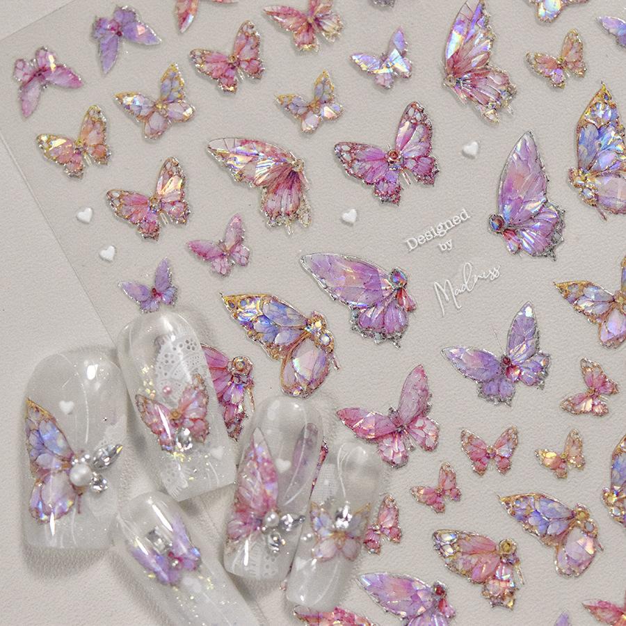1Pcs 5D Embossed Aurora Butterfly Nail Art Stickers Self Adhesive Decals For Nails Decoration DIY 3D Acrylic Nail Supplies Parts