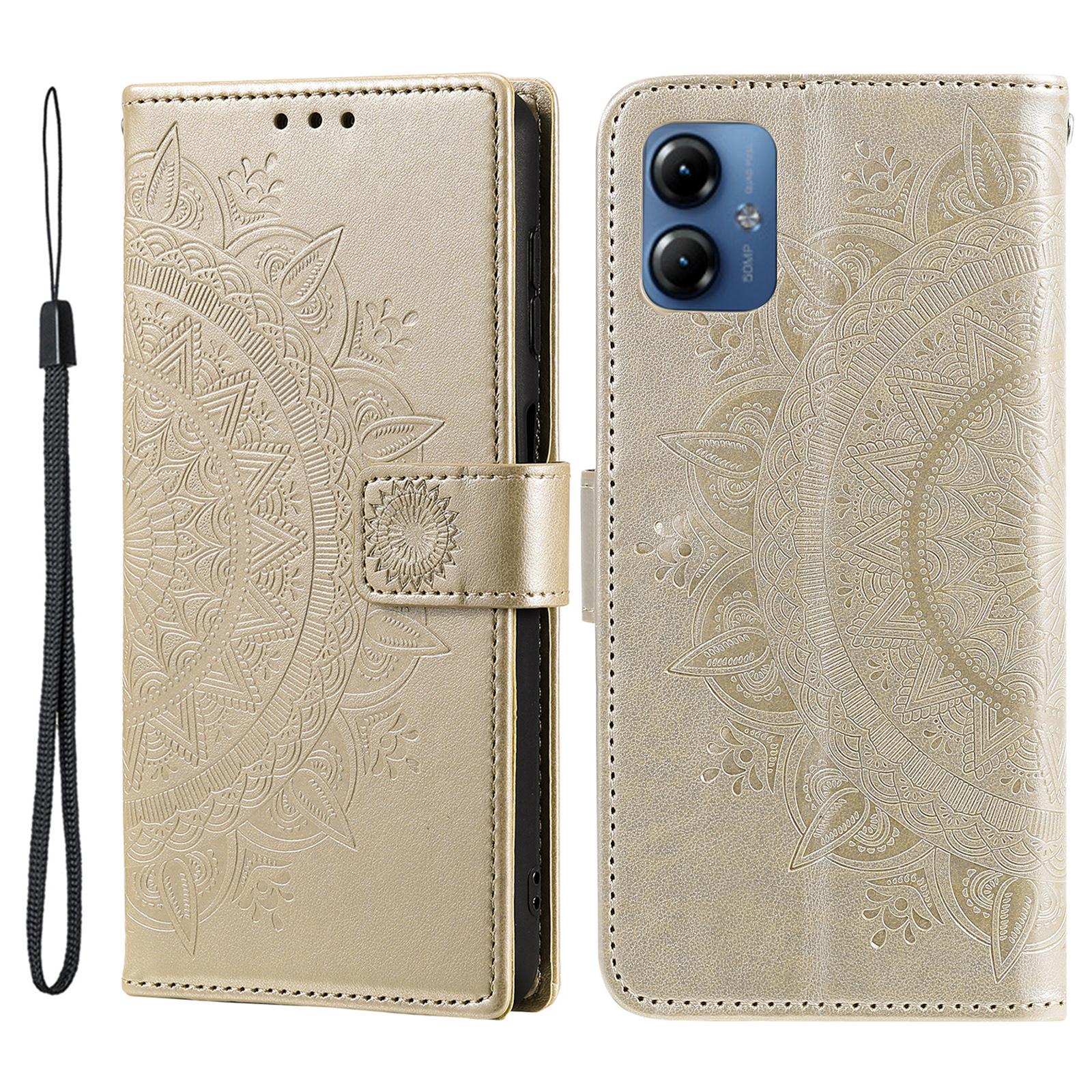 

For Motorola Moto G14 4G Mandala Flower Imprinted Leather Wallet Phone Cover Stand Case with Strap Gold