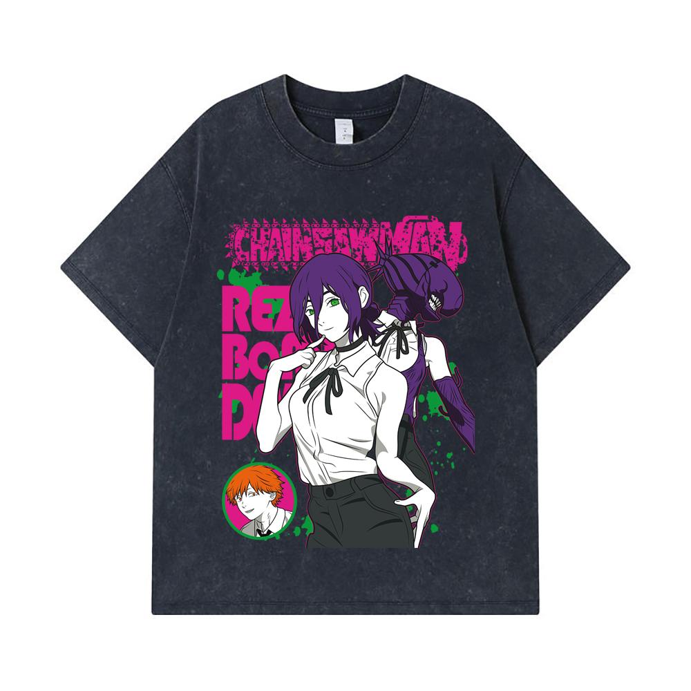 275 GSM Washed T-shirts 100% Cotton Chainsaw Man V44 Reze Print Unisex Heavy Cotton T Shirt