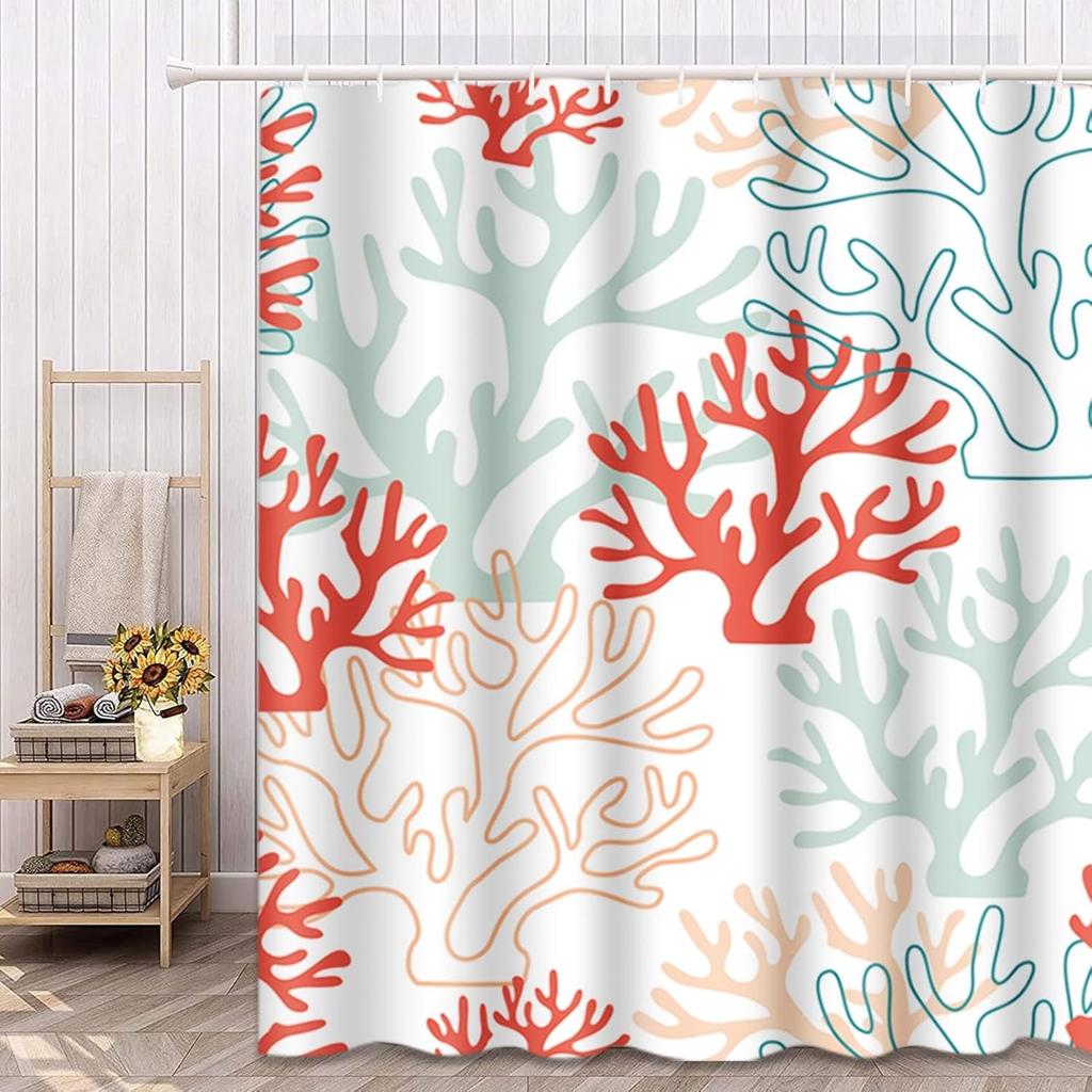 Shower Curtain Pattern Red Pink and Mint Coral Tropical Reef Nautical Waterproof Polyester Fabric with Hooks